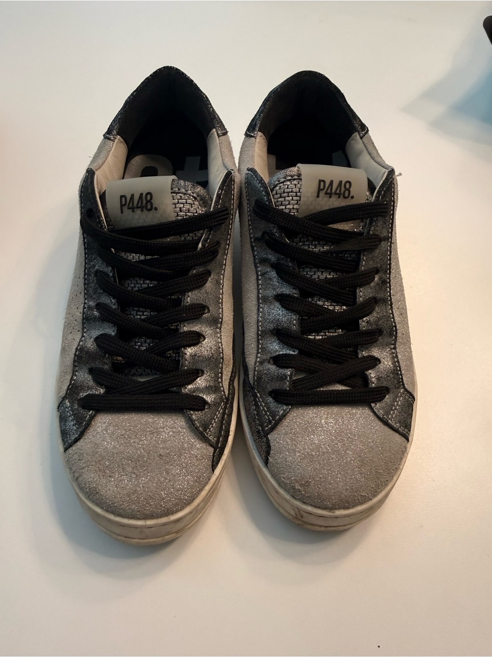P448 Women's Silver Glitter Low-Top Sneakers with Black Laces